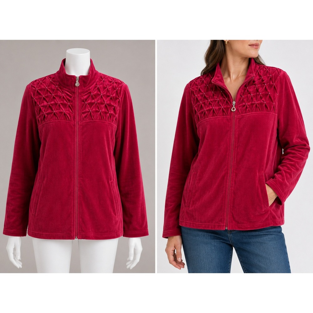 Vintage Onque Casual Jacket Large Petite Rio Red Velour Smock Beaded Zip Up Y2K